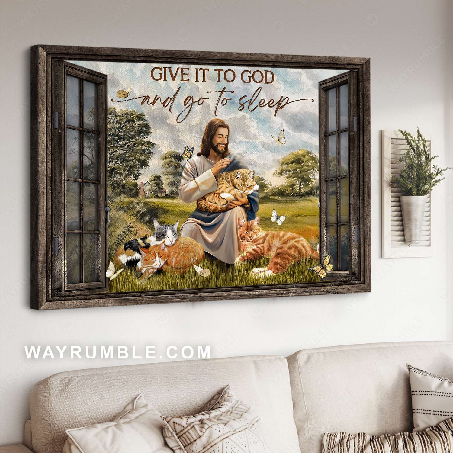 Jesus hugs, Sleepy cats, Green pastures, Give it to God and go to sleep - Jesus Landscape Canvas Prints, Christian Wall Art