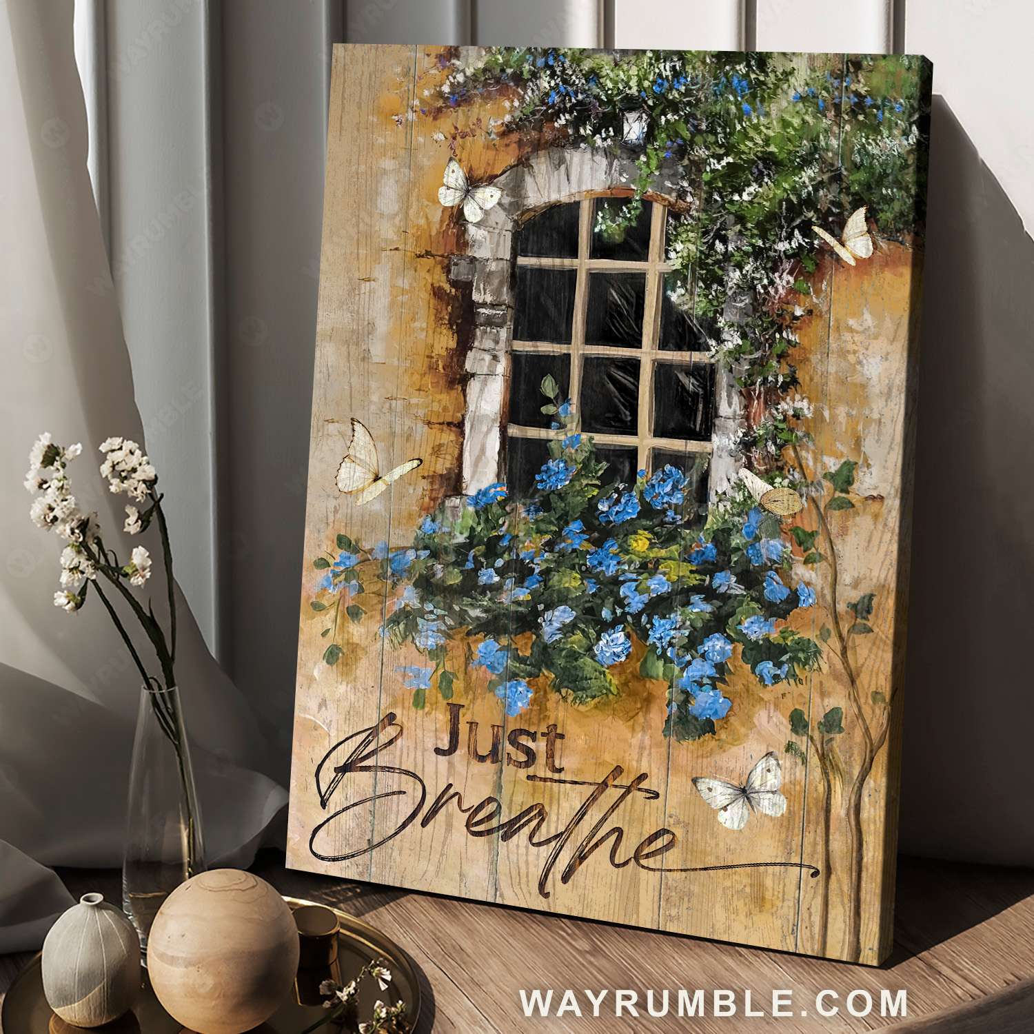Window planter, Blue flower, White butterfly, Just breathe - Jesus Portrait Canvas Prints, Christian Wall Art