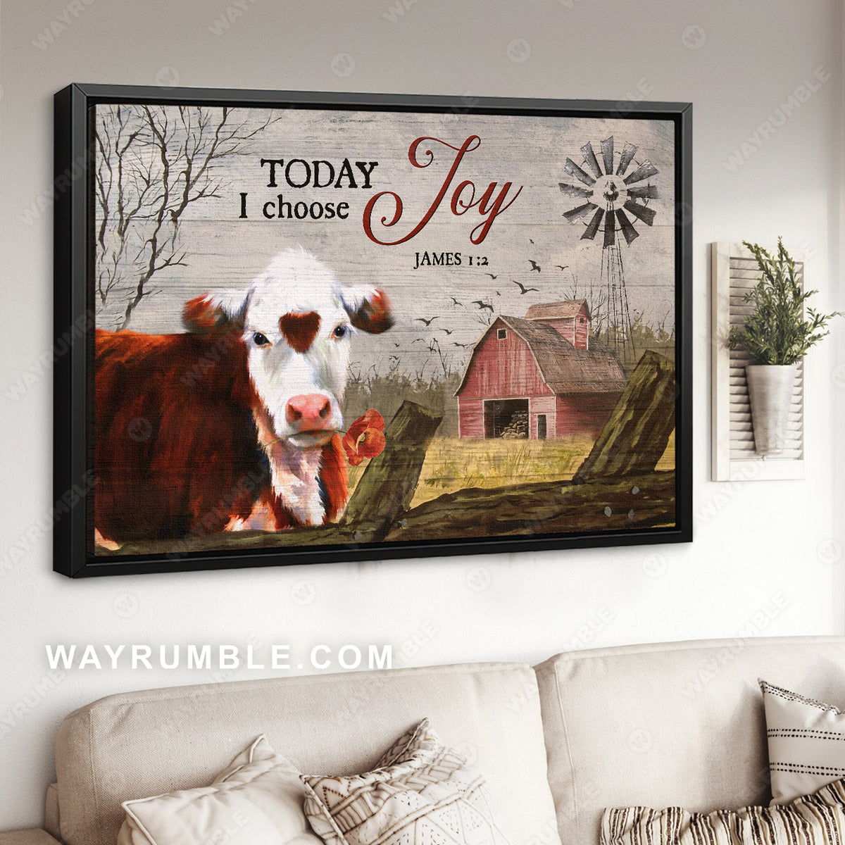 Rustic barn, Cow painting, Windmill, Today I choose joy - Jesus Landscape Canvas Prints, Christian Wall Art