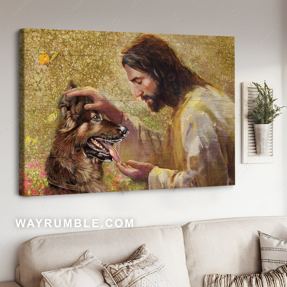 Watercolor Jesus painting, Stunning German Shepherd, Butterfly - Jesus Landscape Canvas Prints, Christian Wall Art