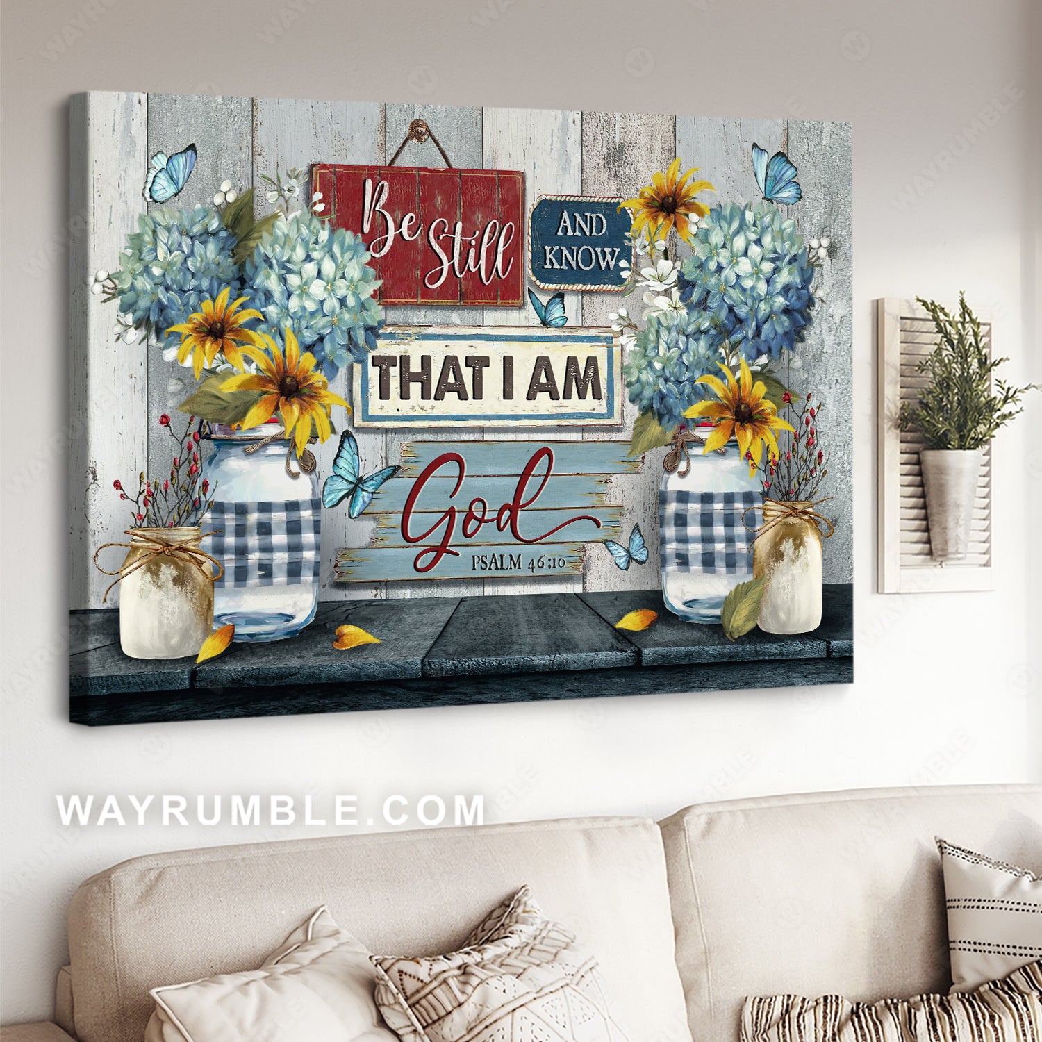 Blue hydrangea, Yellow daisy, Butterfly painting, Be still and know that I am God - Jesus Landscape Canvas Prints, Christian Wall Art