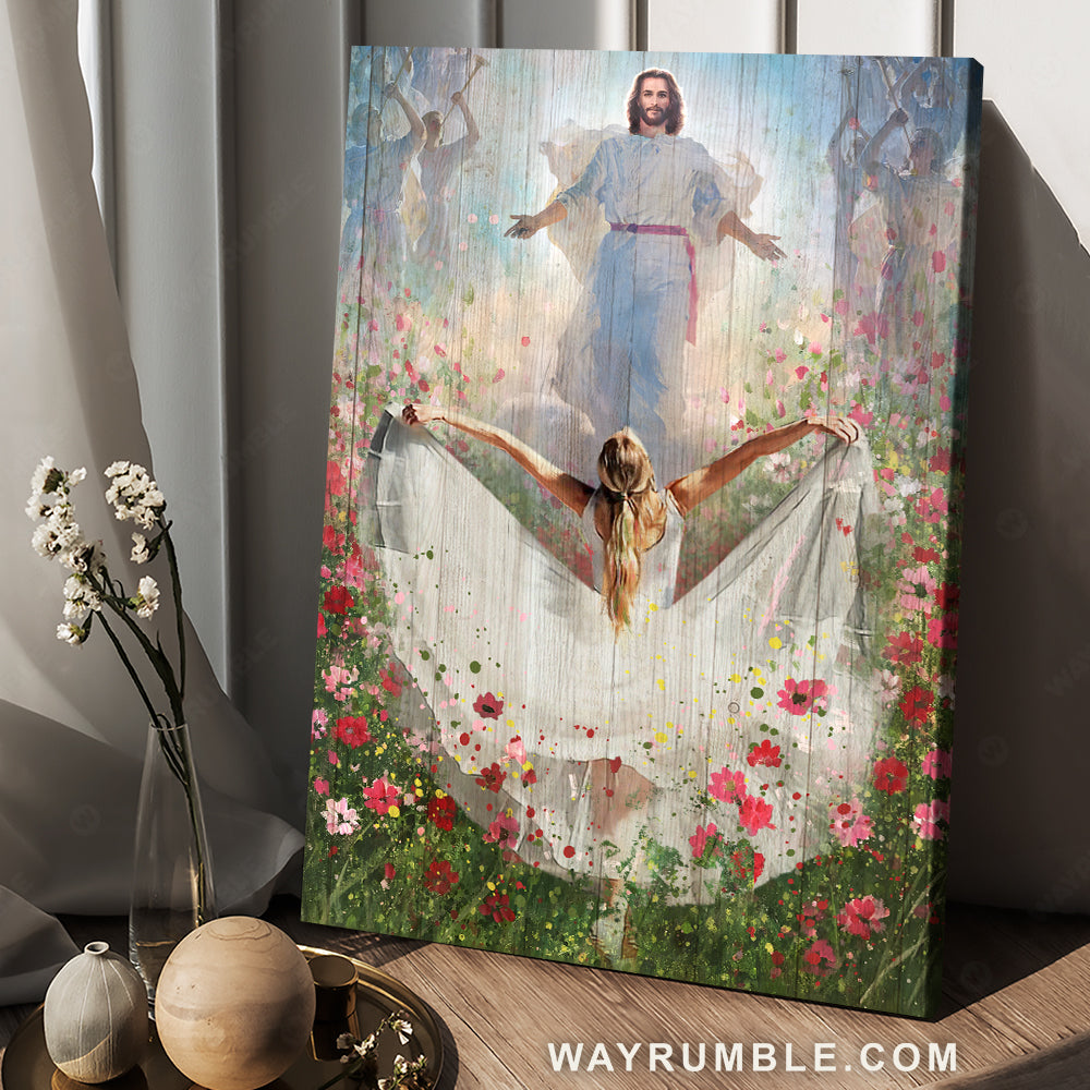 The life of Jesus, World of dance, Colorful flower field, Pretty dress - Jesus Portrait Canvas Prints, Christian Wall Art