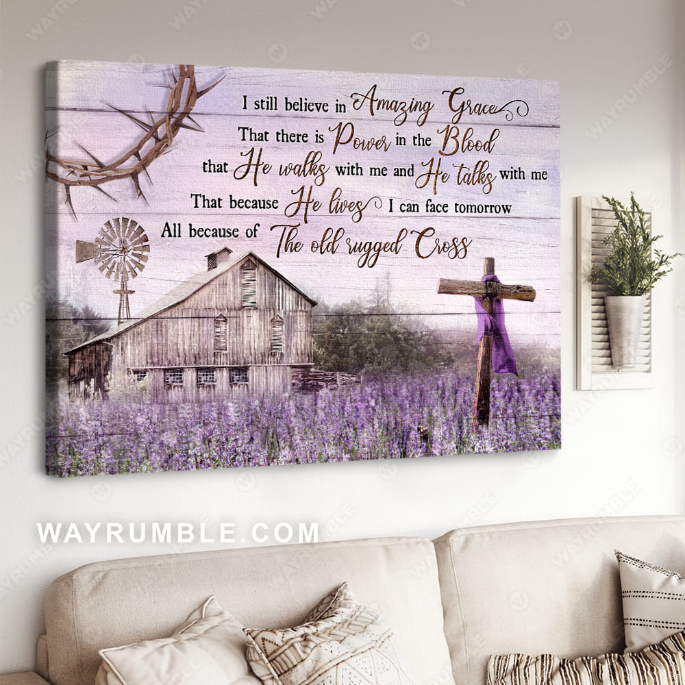 Lavender farm, Wooden cross, Purple sky, I still believe in amazing grace - Jesus Landscape Canvas Prints, Christian Wall Art