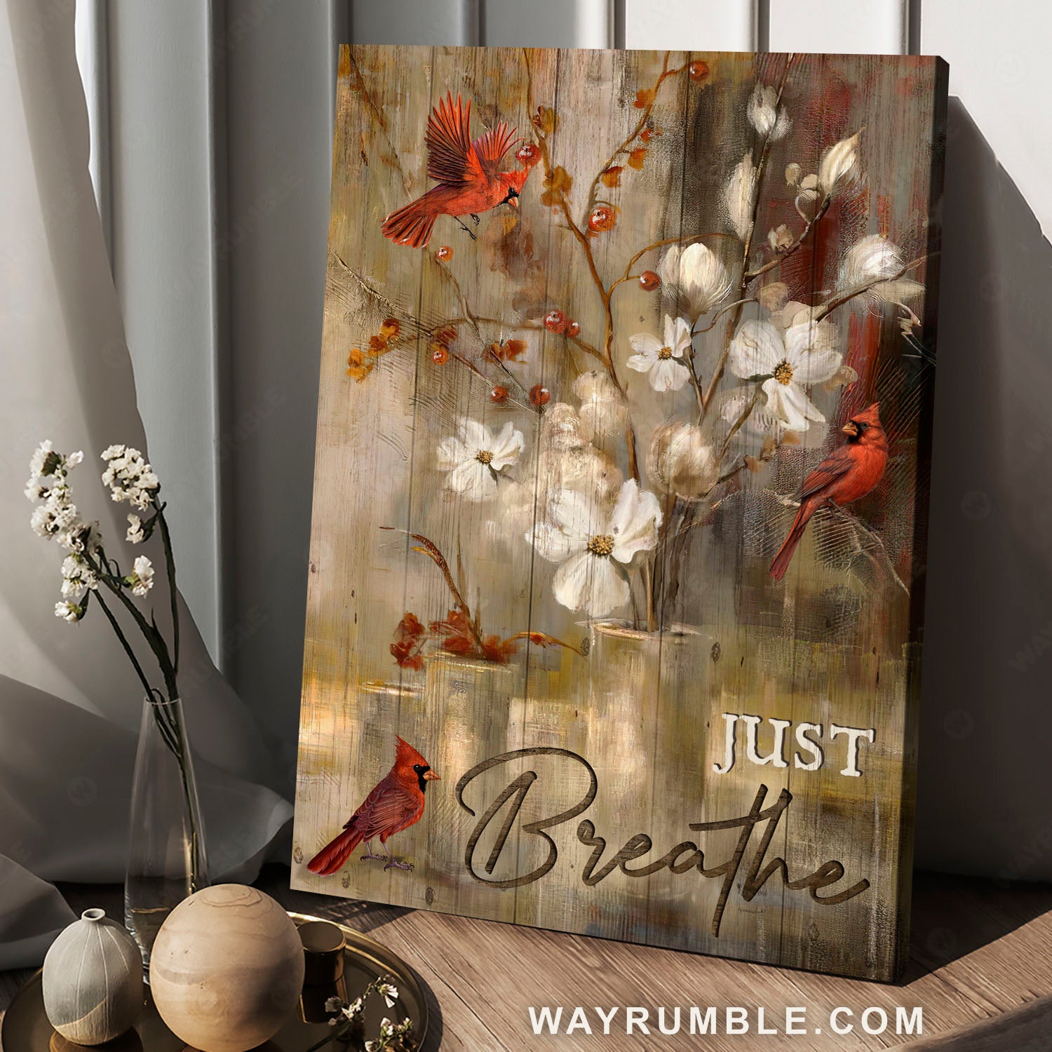 Red cardinals, White cosmos, Cranberry, Just breathe - Jesus Portrait Canvas Prints, Christian Wall Art