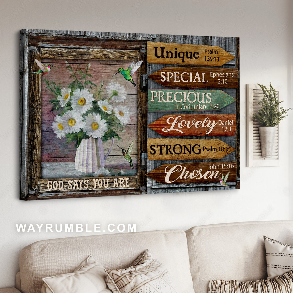 Cute daisy vase, Hummingbird drawing, God says you are unique - Jesus Landscape Canvas Prints, Christian Wall Art