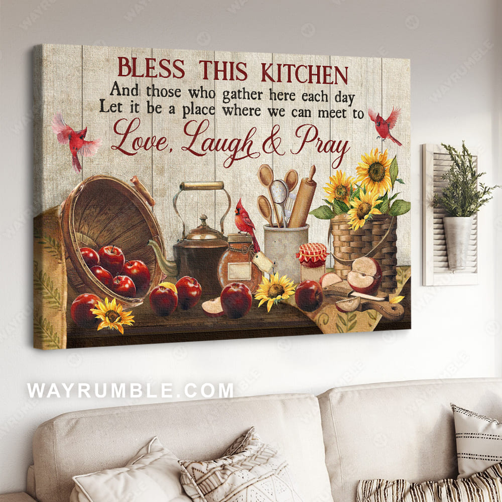 kitchen painting, apple drawing, sunflower, red cardinal, bless this kitchen - jesus landscape canvas prints, christian wall art