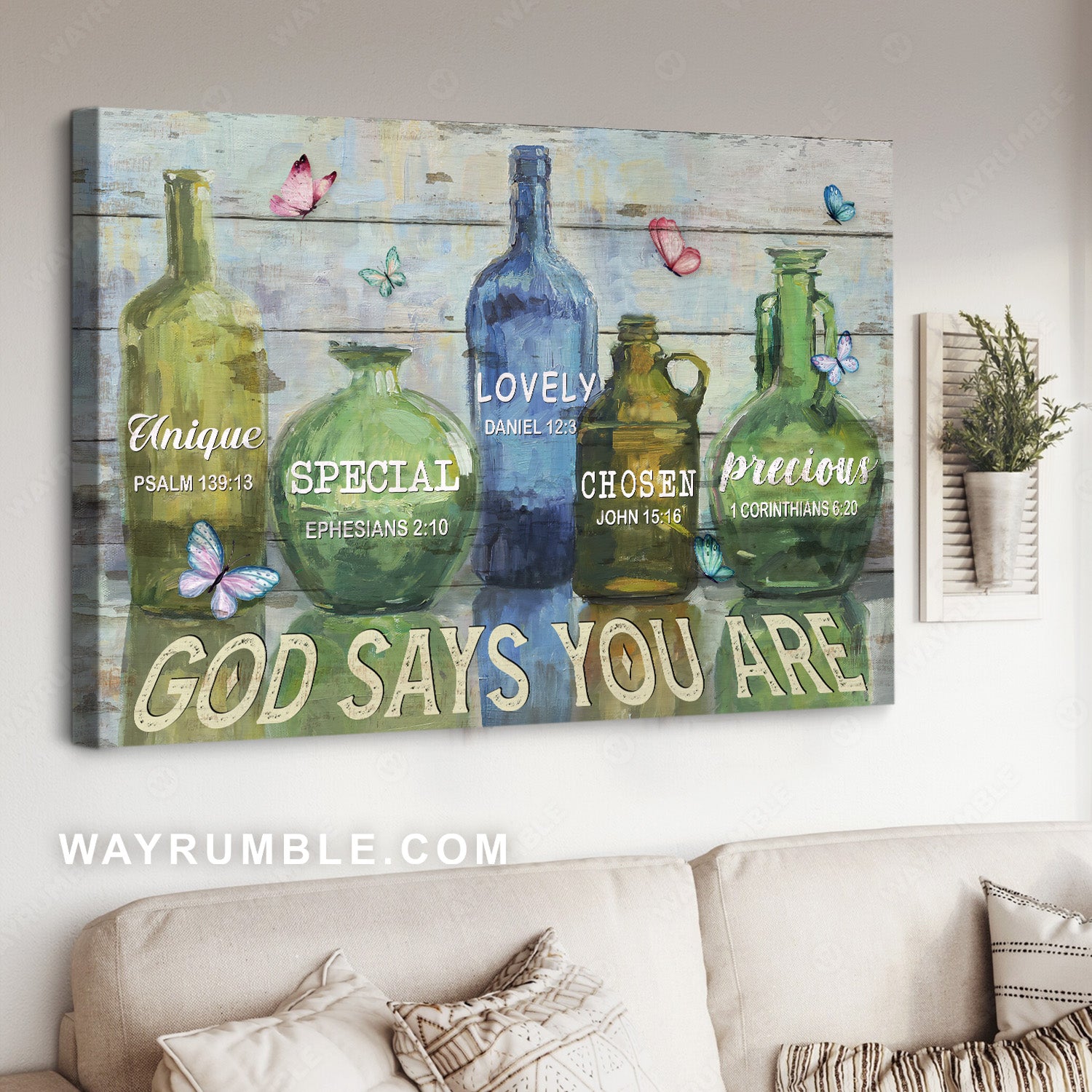 Watercolor bottle, Colorful butterfly, God says you are unique - Jesus Landscape Canvas Prints, Home Decor Wall Art