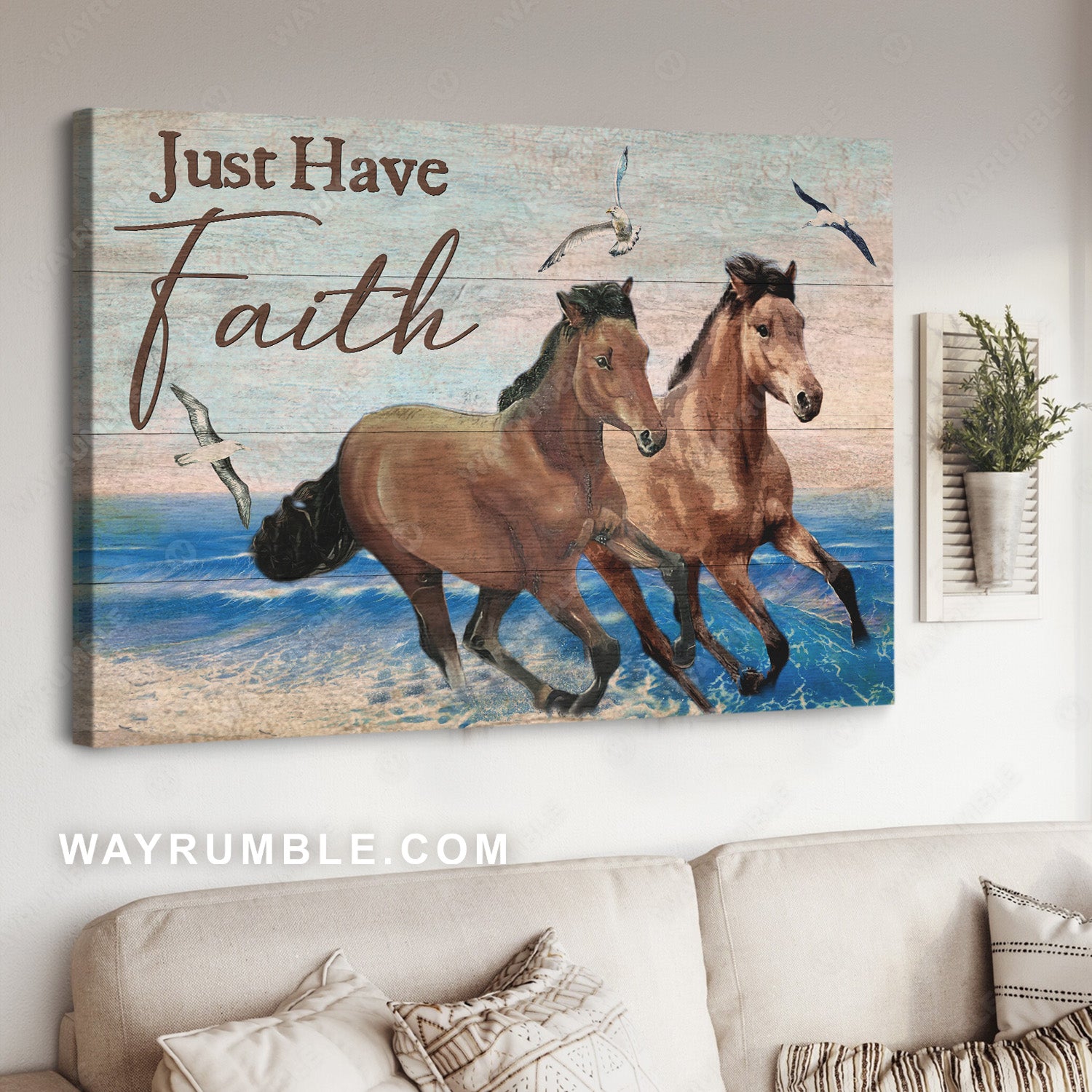 Blue ocean, Running horses, Seagull, Just have faith - Jesus Landscape Canvas Prints, Christian Wall Art