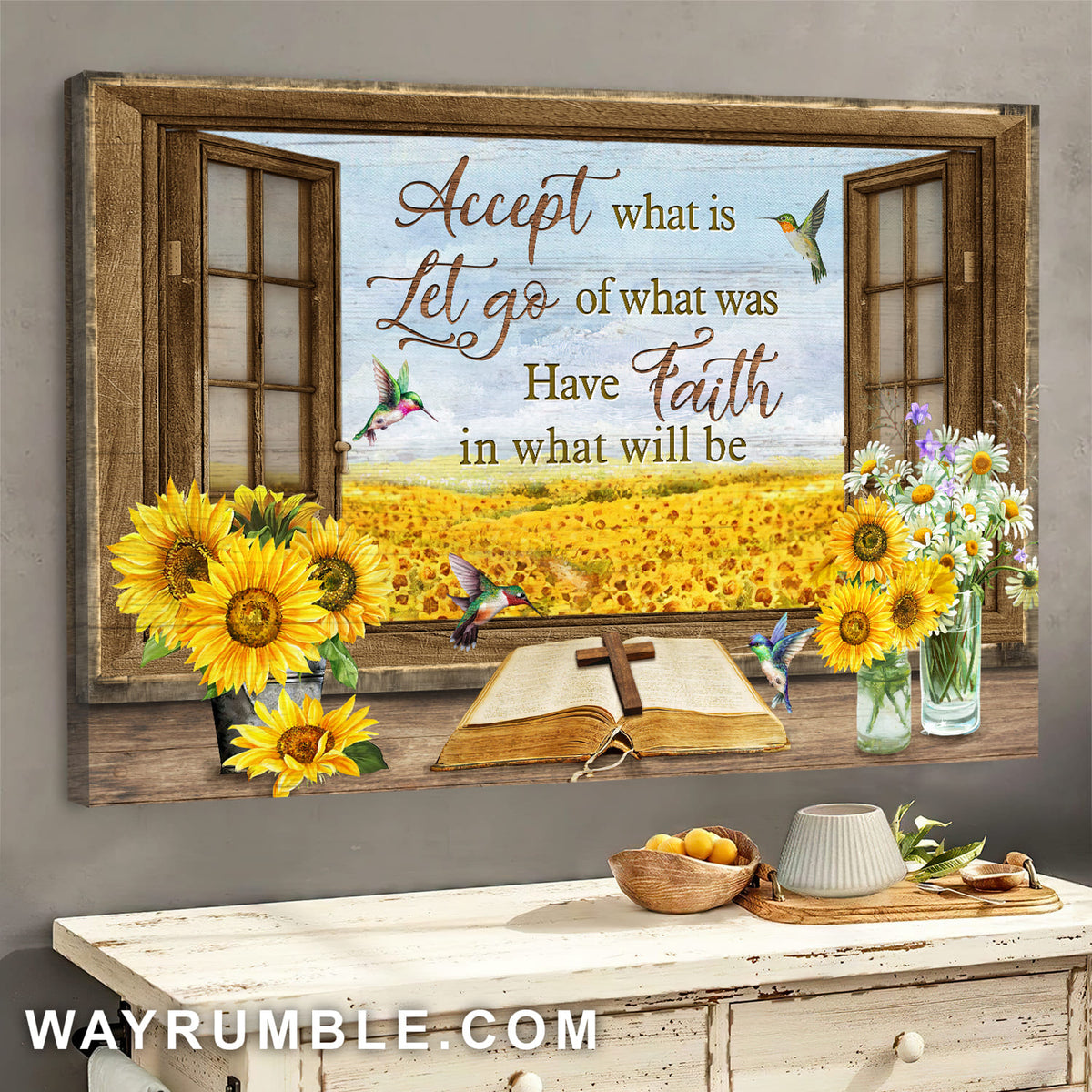 Sunflower, Cross, Hummingbird, Have faith in what will be - Jesus Landscape Canvas Prints, Wall Art