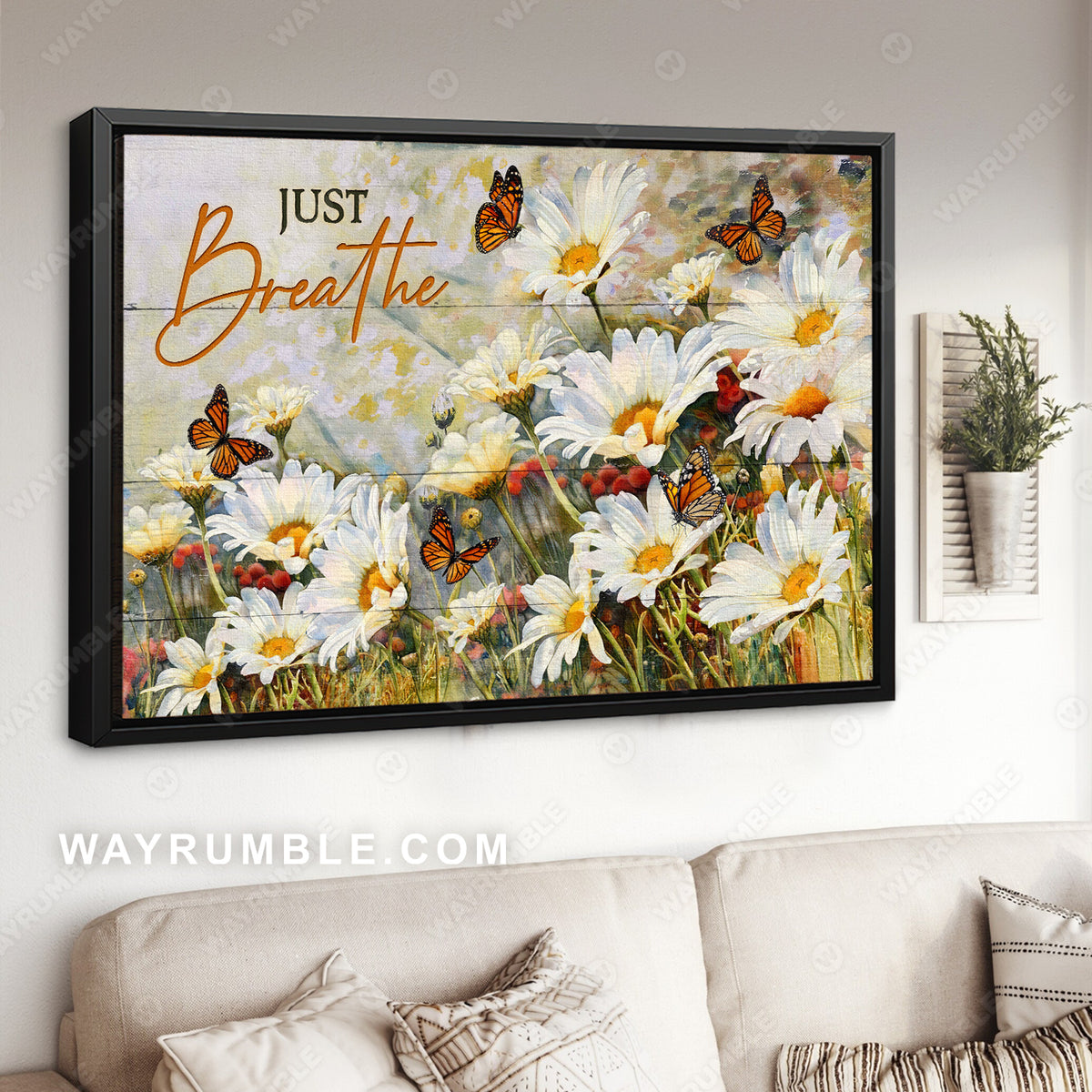 Pretty daisy field, Orange butterfly, Sunny day, Just breathe - Jesus Landscape Canvas Prints, Christian Wall Art