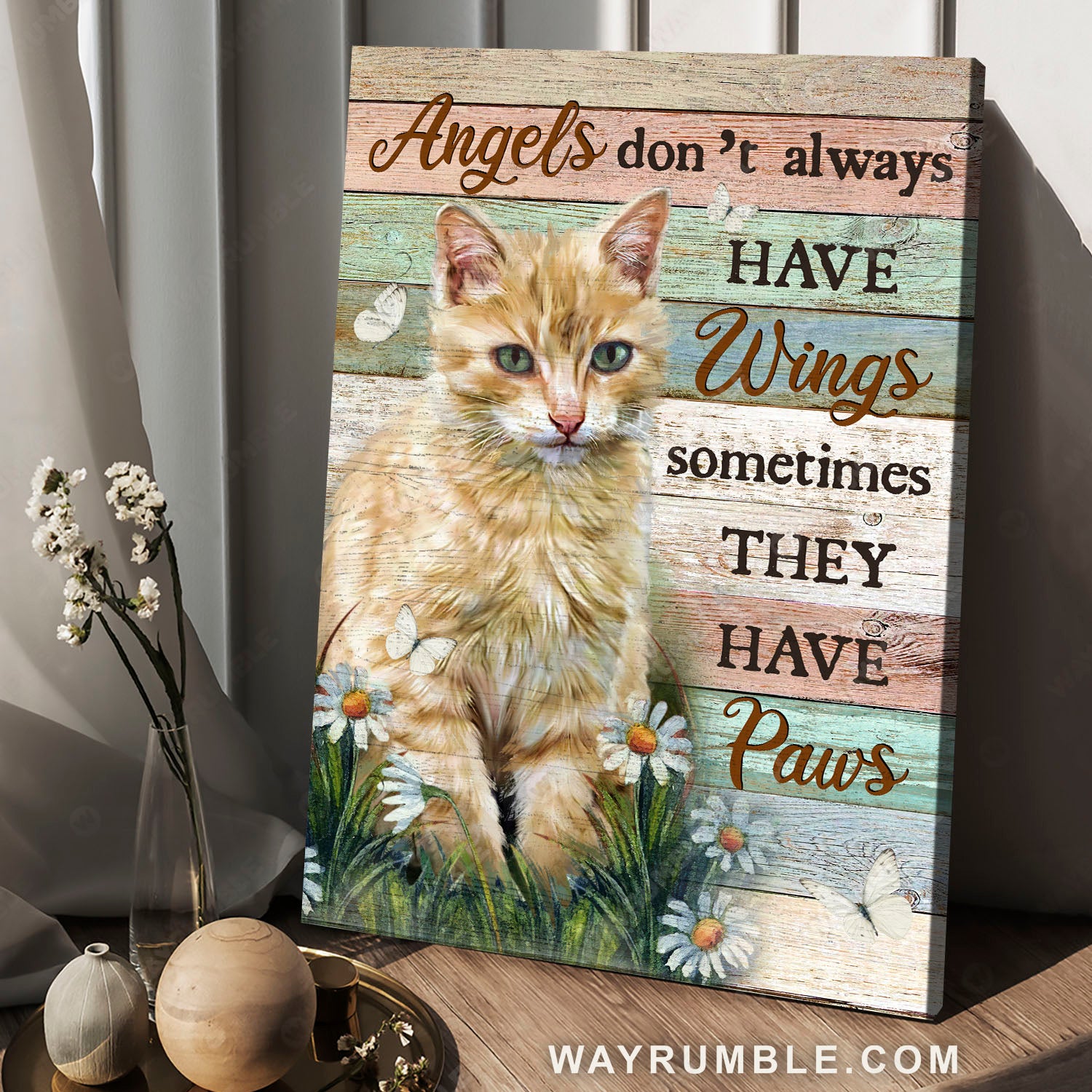 Yellow tabby cat, Daisy flower, White butterfly, Sometimes angels have paws - Jesus Portrait Canvas Prints, Christian Wall Art