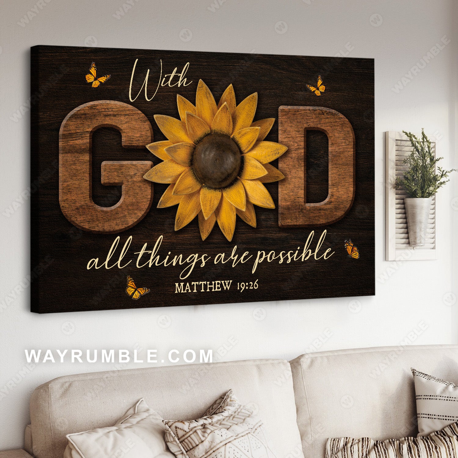 Pretty sunflower, Orange butterfly, With God all things are possible - Jesus Landscape Canvas Prints, Christian Wall Art