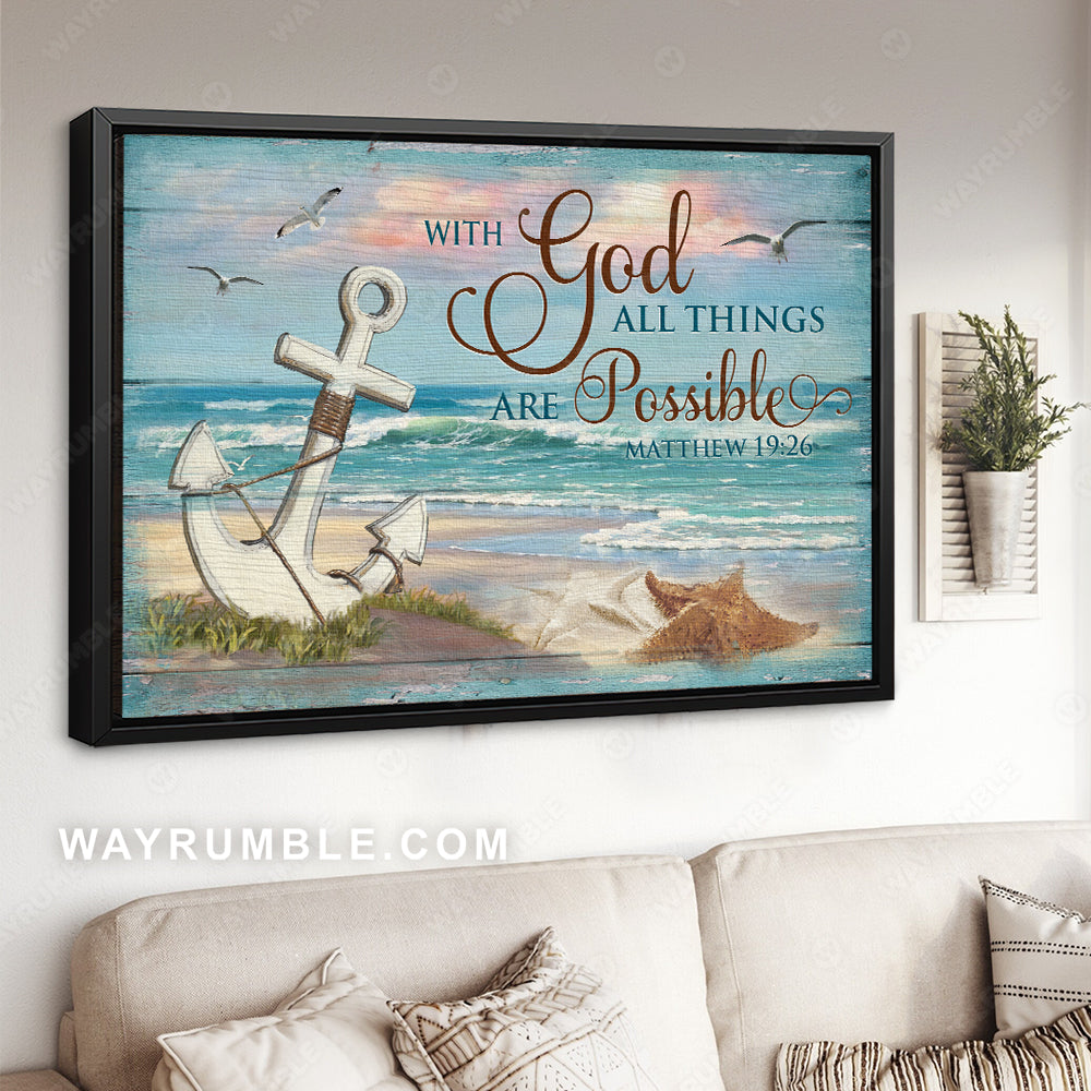 Blue beach painting, White anchor, Sunset, With God all things are possible - Jesus Landscape Canvas Prints, Christian Wall Art