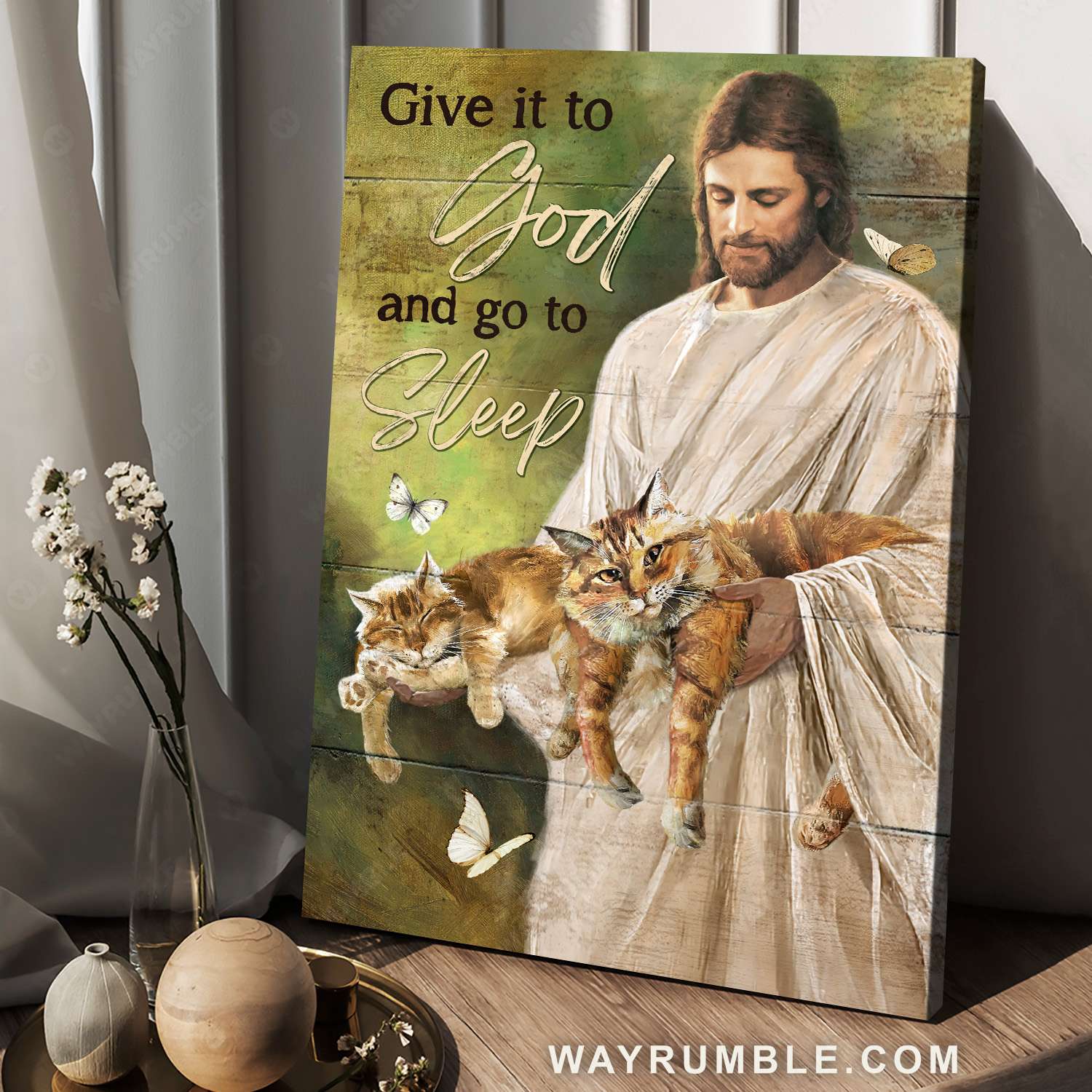Jesus Christ, Cats painting, Give it to God and go to sleep - Jesus Portrait Canvas Prints, Christian Wall Art