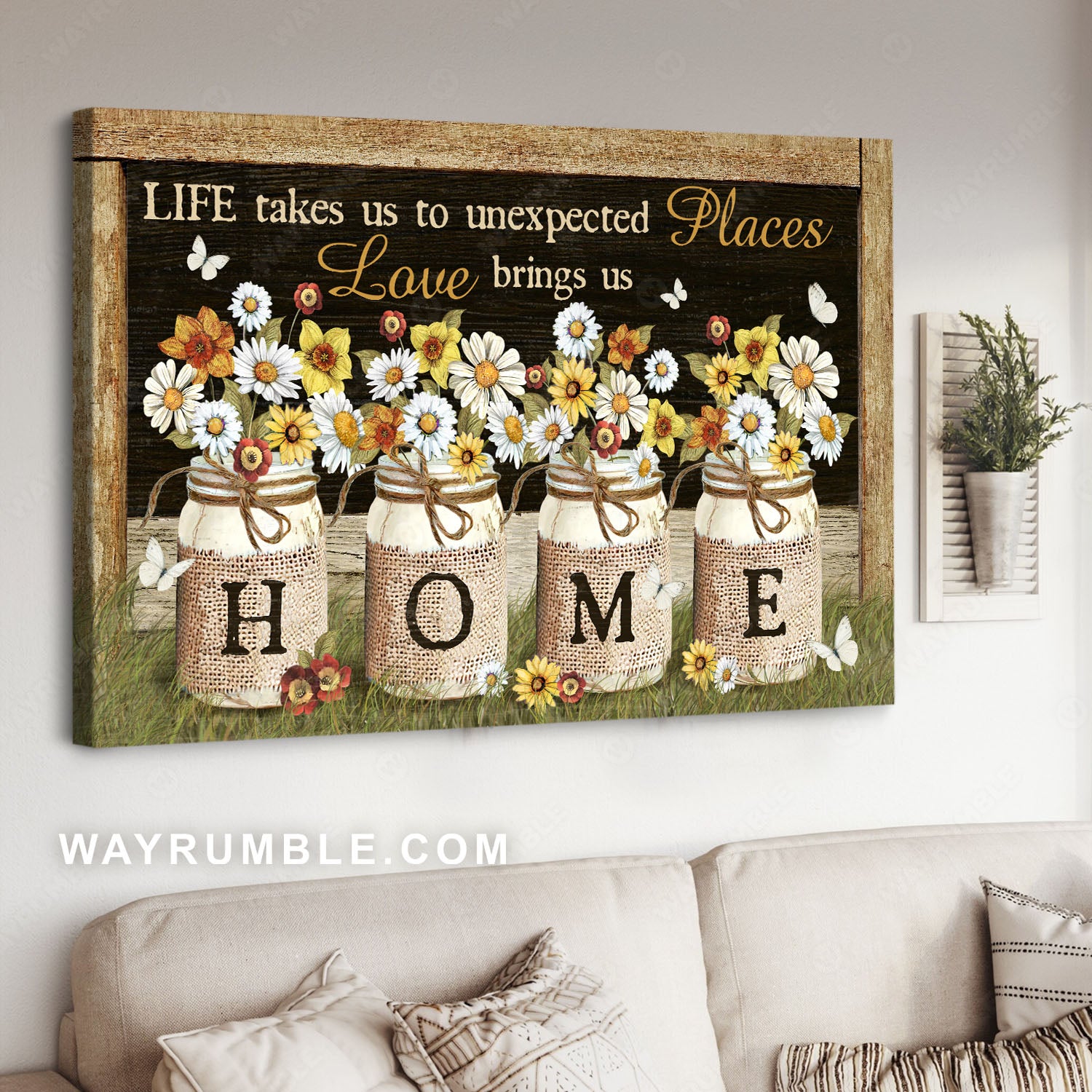 Cute flowers, White daisy, Mason jars, Love brings us home - Jesus Landscape Canvas Prints, Christian Wall Art