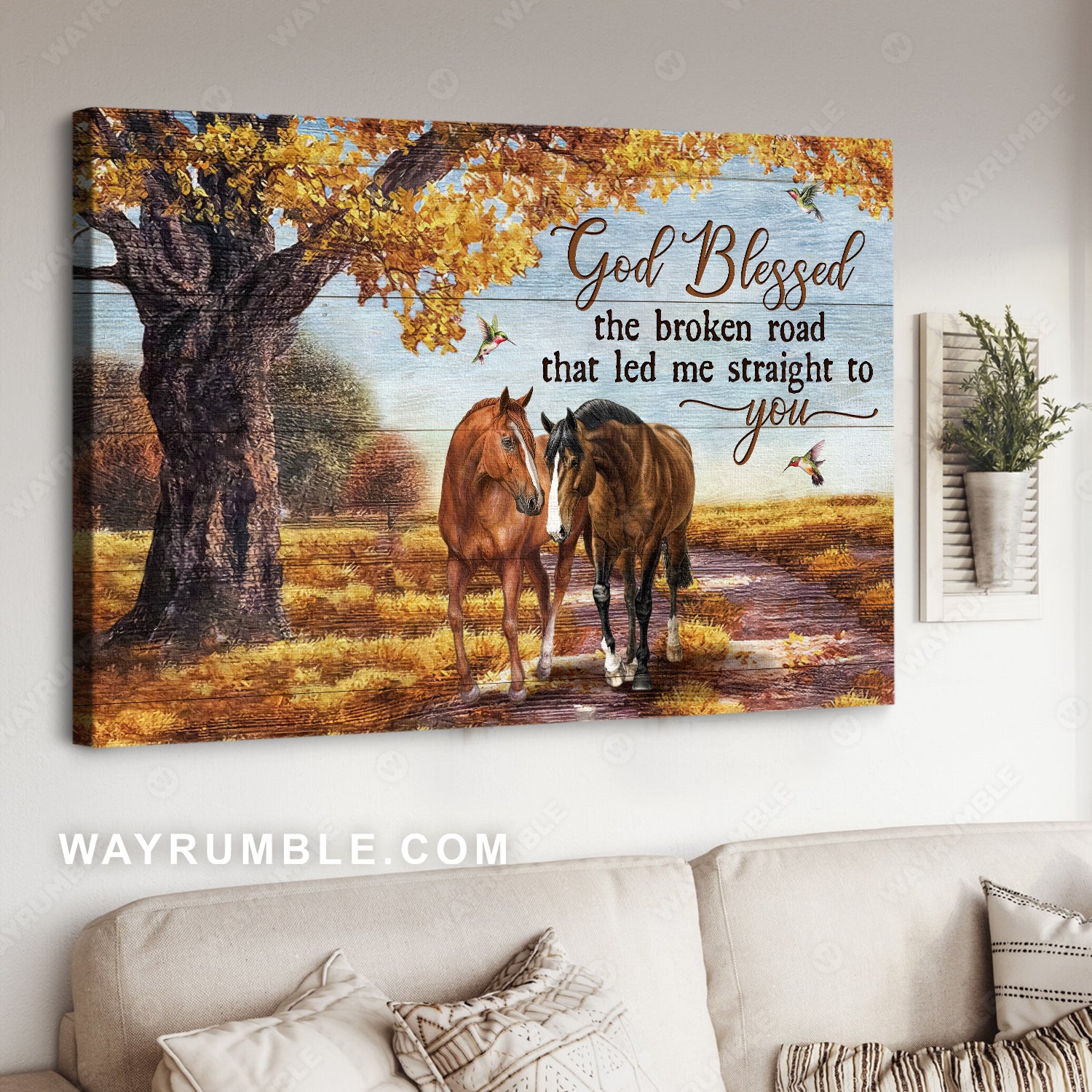 Watercolor horses, Autumn forest, God blessed the broken road - Jesus Landscape Canvas Prints, Home Decor Wall Art