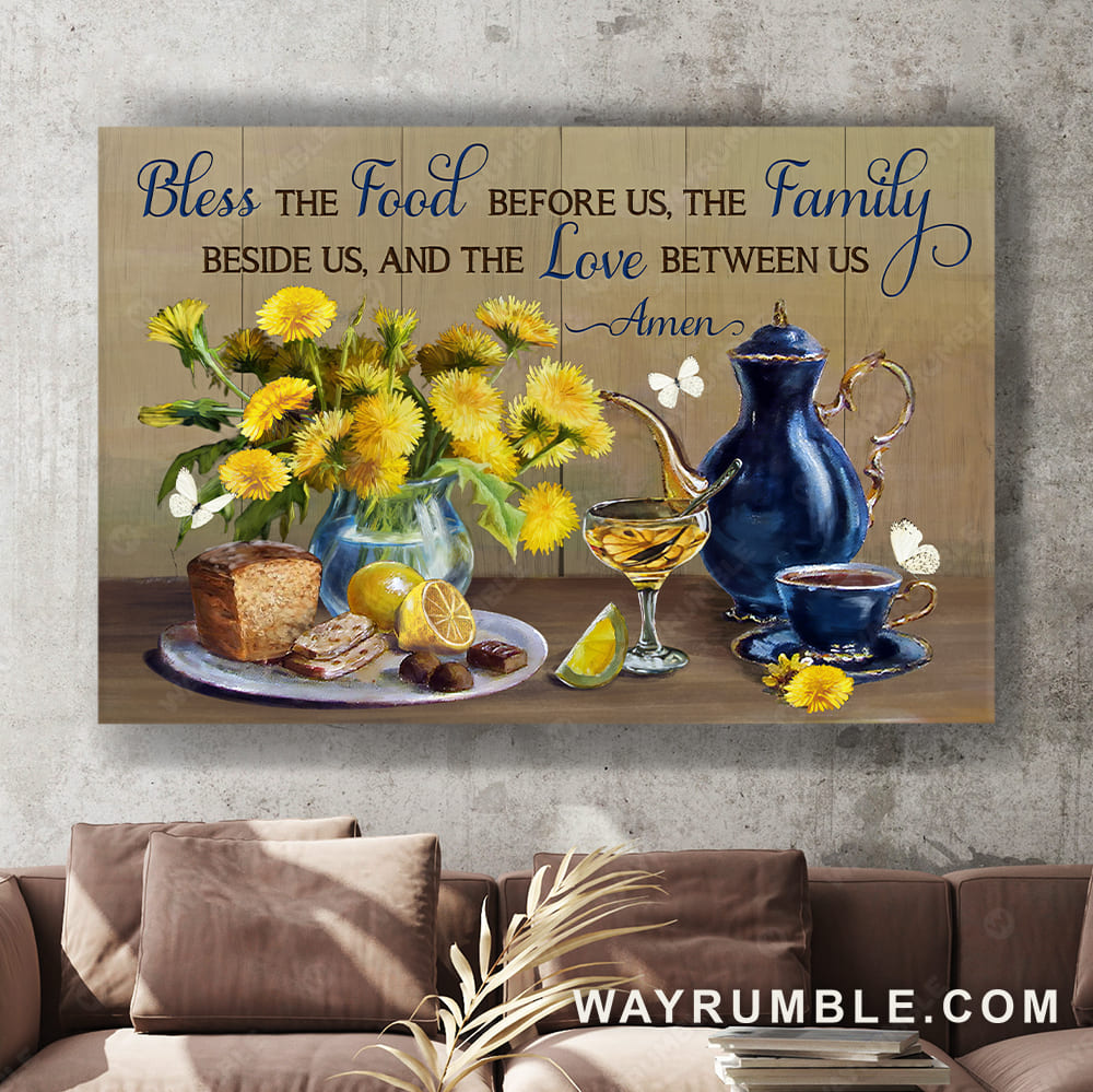 Yellow daisy, Tea pot, White butterfly, Bless the food before us - Jesus Landscape Canvas Prints, Christian Wall Art