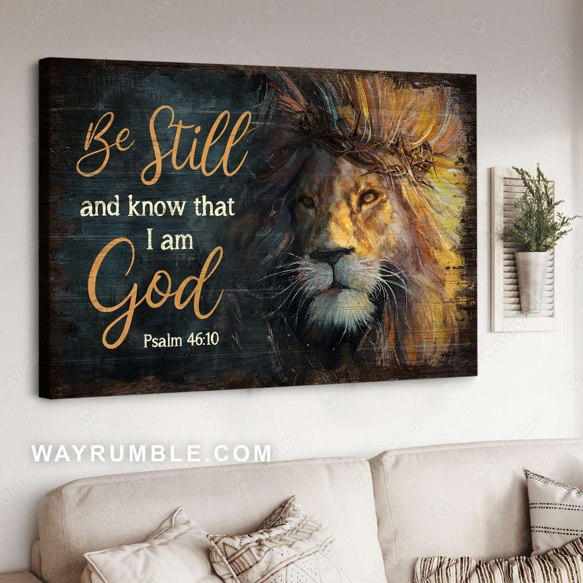 Strong lion, Black background, Be still and know that I am God - Jesus Landscape Canvas Prints, Christian Wall Art