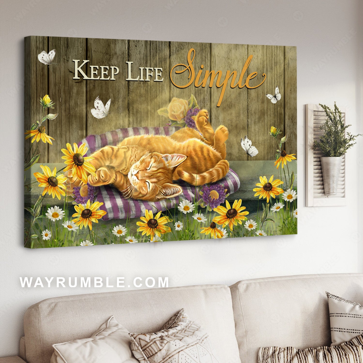 Orange tabby cat, Daisy garden, White butterfly, Keep life simple - Jesus Landscape Canvas Prints, Christian Wall Art