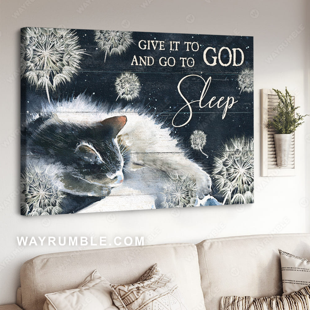 White cat painting, Dandelion drawing, Night sky, Give it to God and go to sleep - Jesus Landscape Canvas Prints, Christian Wall Art