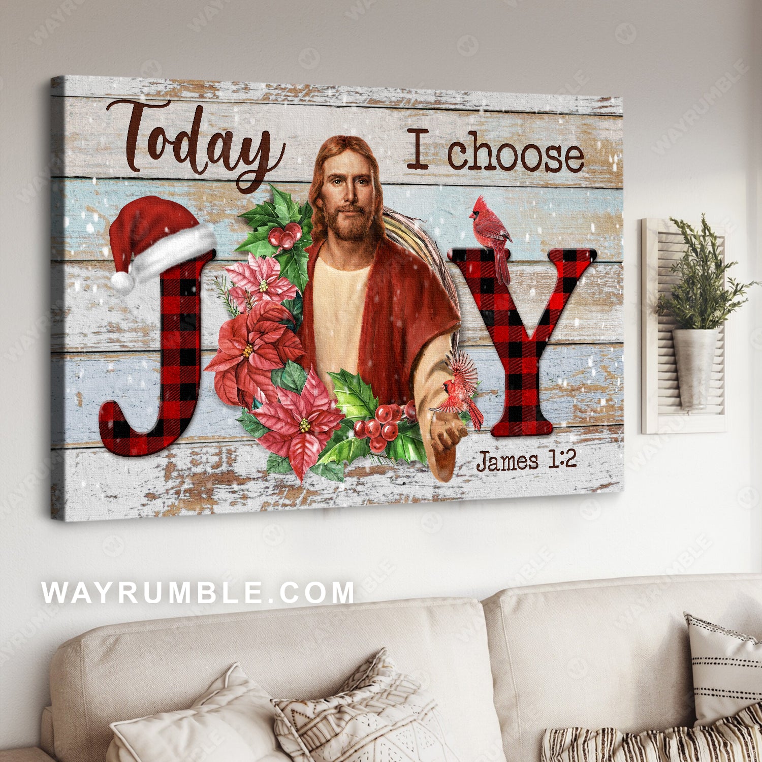 Poinsettia flower wreath, Jesus painting, Christmas vibe, Today I choose joy - Jesus Landscape Canvas Prints, Home Decor Wall Art