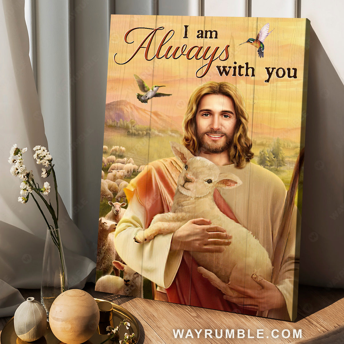 The world in his arm, Lamb of God, Hummingbird, I am always with you - Jesus Portrait Canvas Prints, Home Decor Wall Art