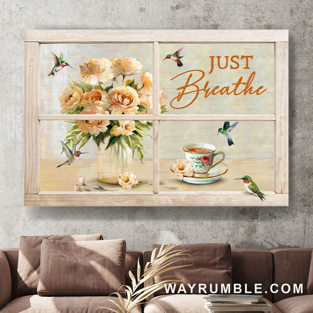 Light orange rose, Beautiful tea cup, Wooden window, Just breathe - Jesus Landscape Canvas Prints, Christian Wall Art