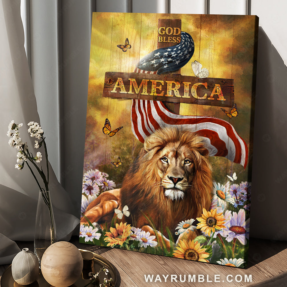 Beautiful flower field, Lion of Judah, Halo, God bless America - Jesus Portrait Canvas Prints, Christian Wall Art