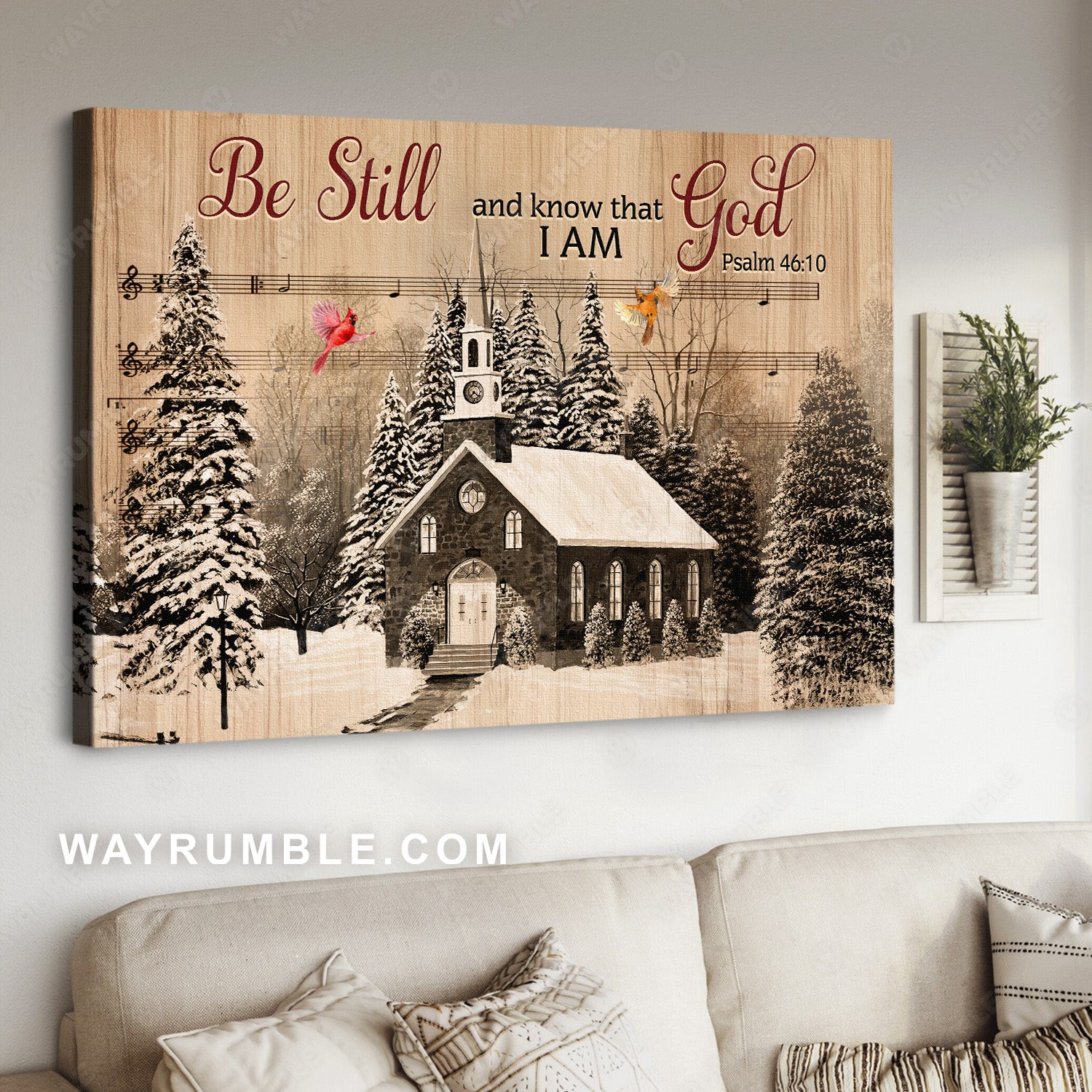 Vintage painting, Church drawing, Winter, Be still and know that I am God - Jesus Landscape Canvas Prints, Home Decor Wall Art