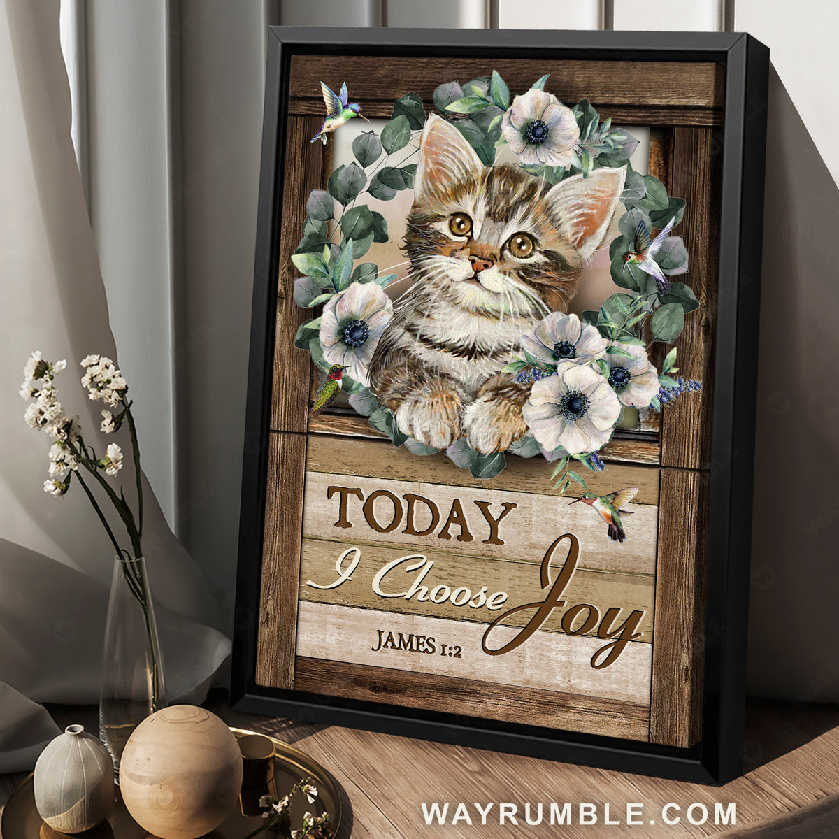 Cat painting, Poppy flower wreath, Hummingbird, Today I choose joy - Jesus Portrait Canvas Prints, Christian Wall Art
