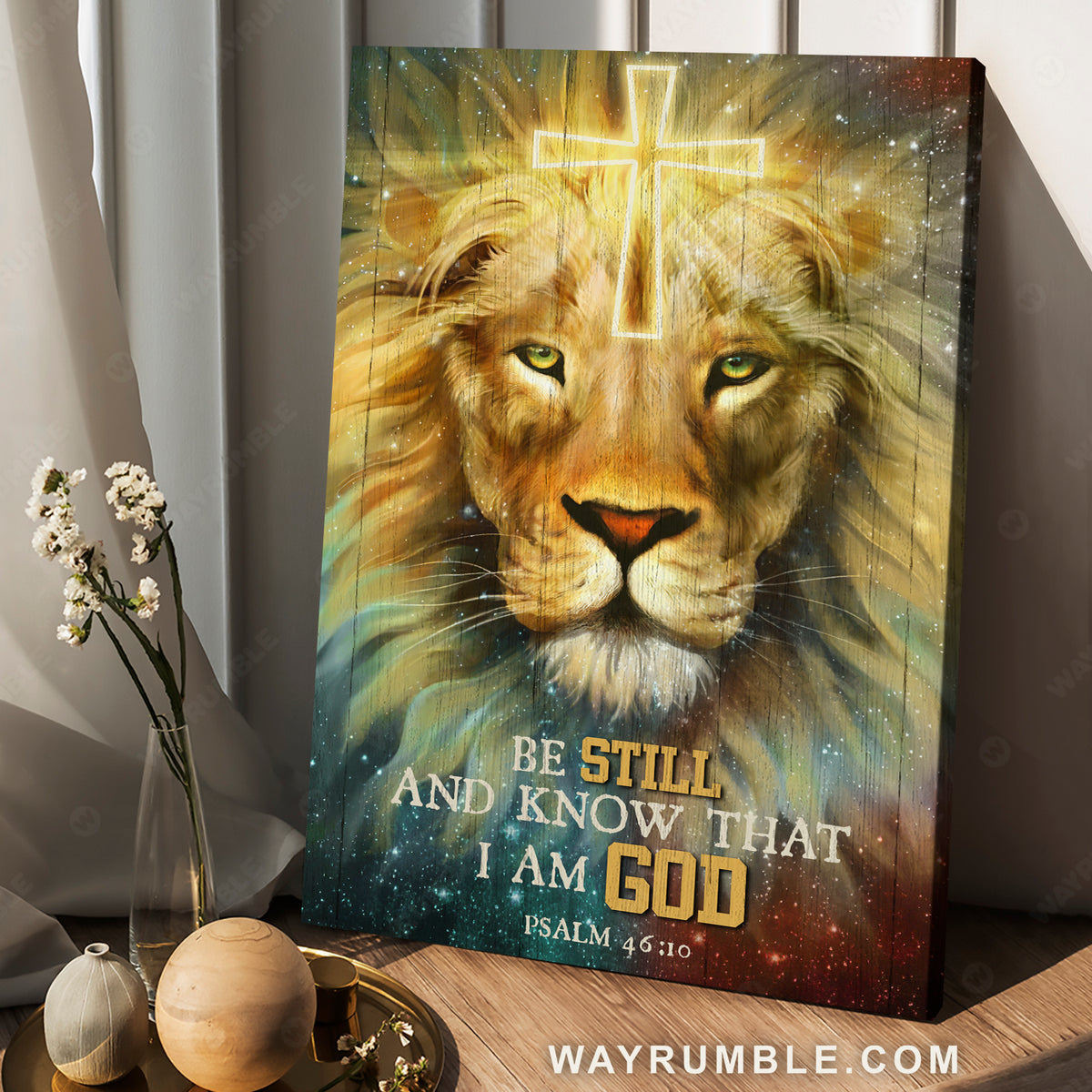 Lion of Judah, Light cross, Galaxy background, Be still I am God - Jesus Portrait Canvas Prints, Christian Wall Art