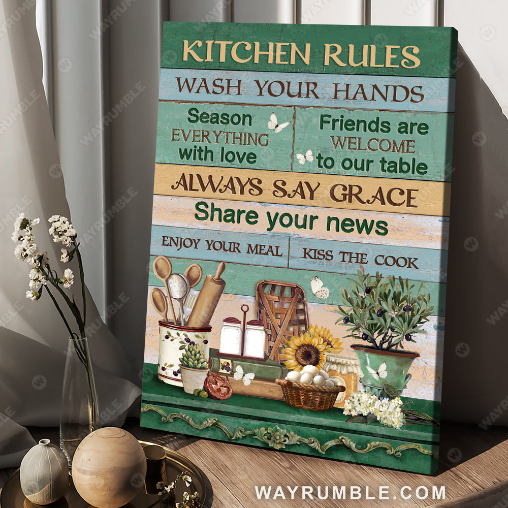 Green kitchen, Sunflower drawing, Vintage book, Kitchen rules - Jesus Portrait Canvas Prints, Christian Wall Art