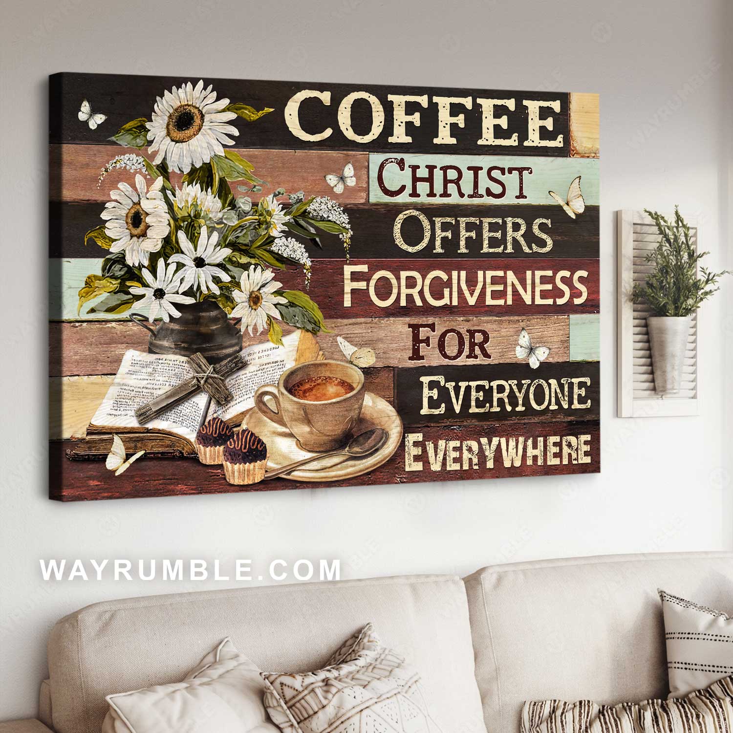 Vintage daisy, Coffee drawing, Cupcake, Christ offers forgiveness for everyone - Jesus Landscape Canvas Prints, Home Decor Wall Art