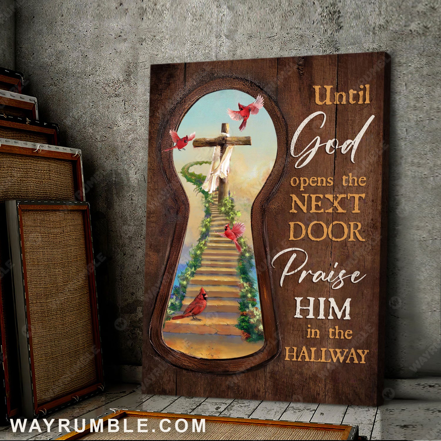 Ticket to heaven, Wooden lock, Red cardinal, Until God opens the next door - Jesus Portrait Canvas Prints, Wall Art