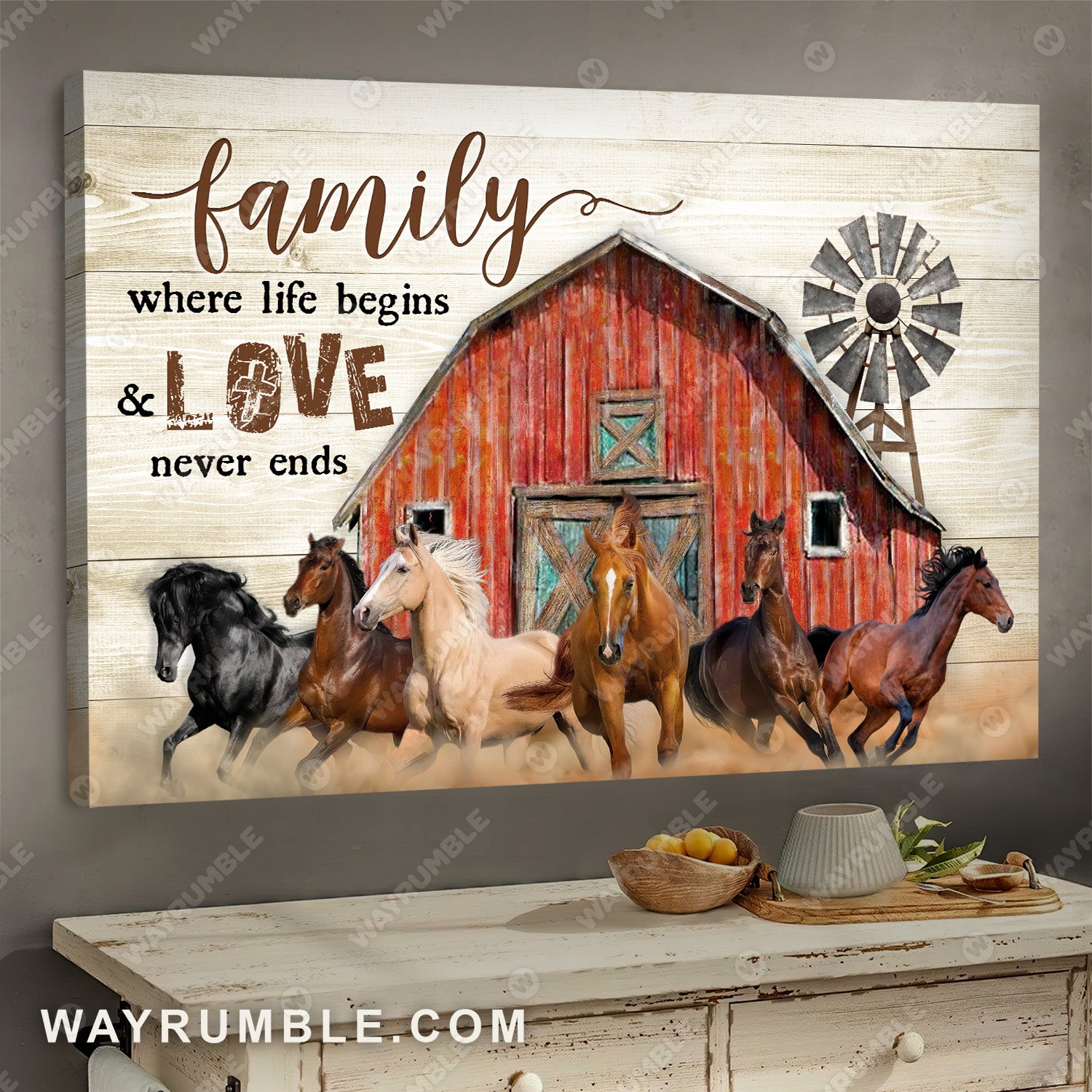 Running horse, Vintage house, Wooden windmill, Family where life begins and love never ends - Jesus Landscape Canvas Prints, Wall Art
