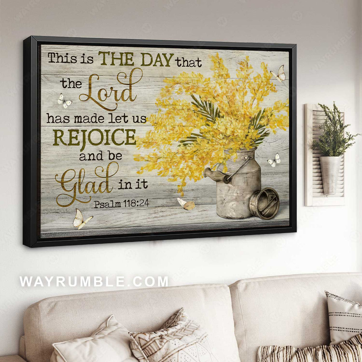 Yellow flower vase, Small butterfly, The day that Lord has made let us rejoice - Jesus Landscape Canvas Prints, Home Decor Wall Art
