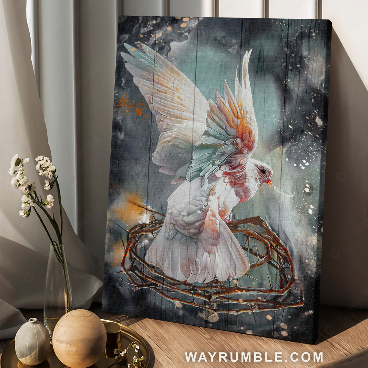 Flying dove, Crown of thorn, Storm background - Jesus Portrait Canvas Prints, Christian Wall Art