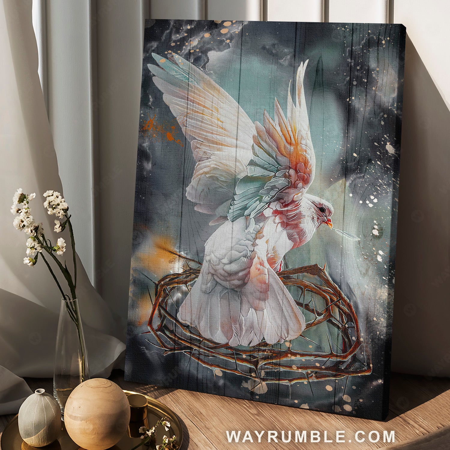 Flying dove, Crown of thorn, Storm background - Jesus Portrait Canvas Prints, Christian Wall Art