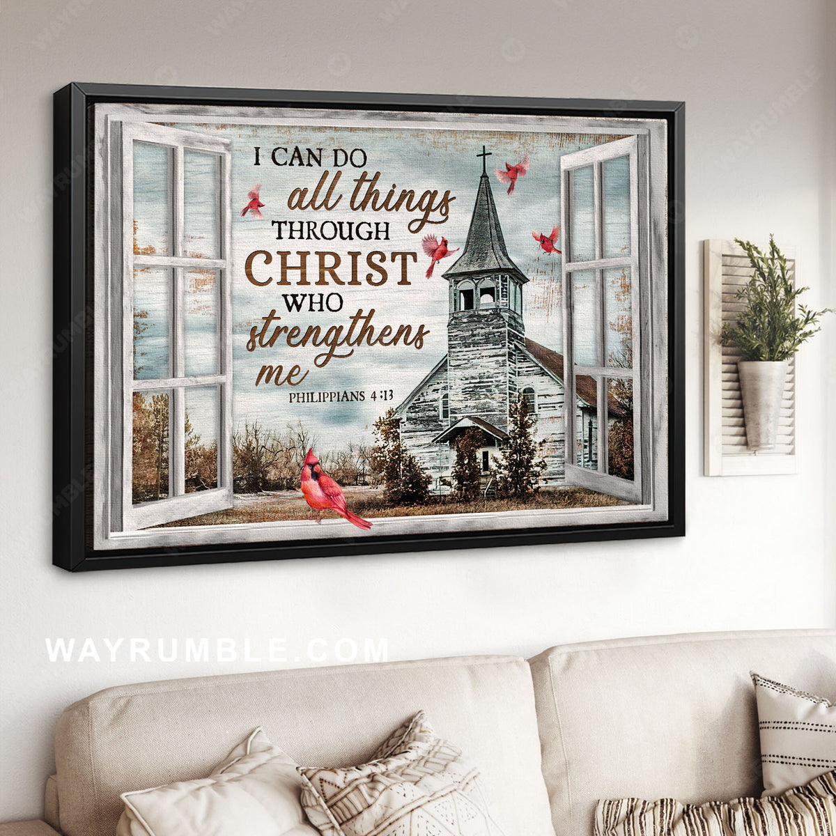 Stunning church, Pretty cardinal, I can do all things through Christ - Jesus Landscape Canvas Prints, Home Decor Wall Art