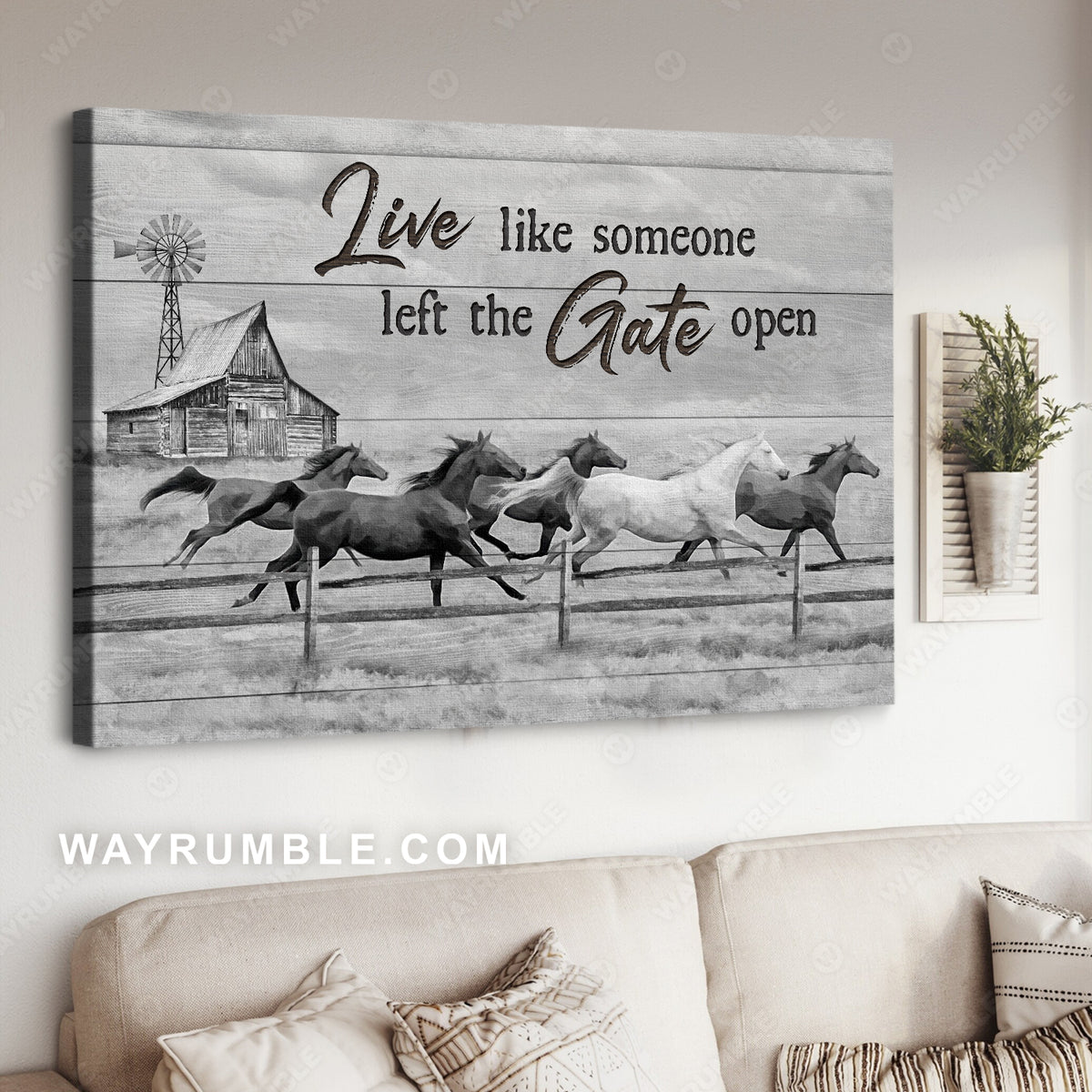 Black and white drawing, Running horse, Live like someone left the gate open - Jesus Landscape Canvas Prints, Home Decor Wall Art