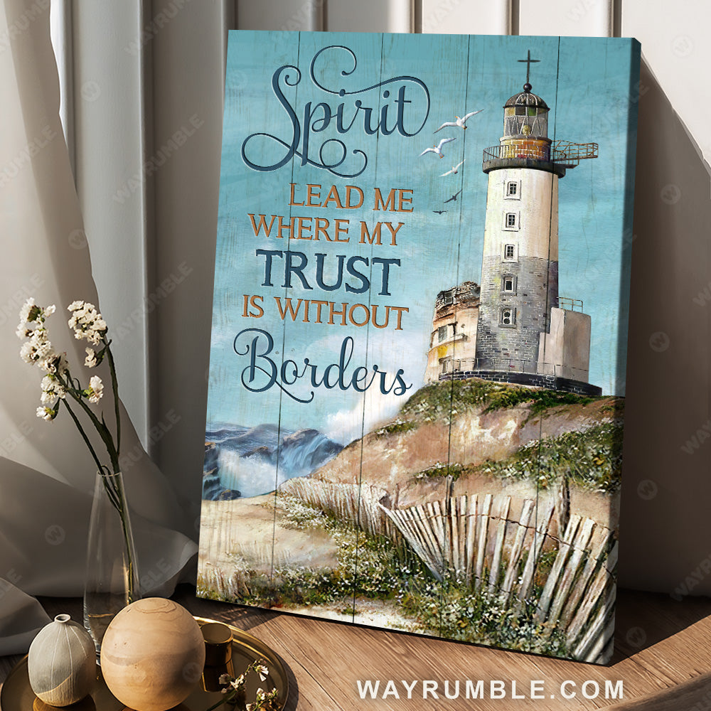 Lighthouse painting, Blue sky, Seagull, Spirit lead me where my trust is without borders - Jesus Portrait Canvas Prints, Christian Wall Art