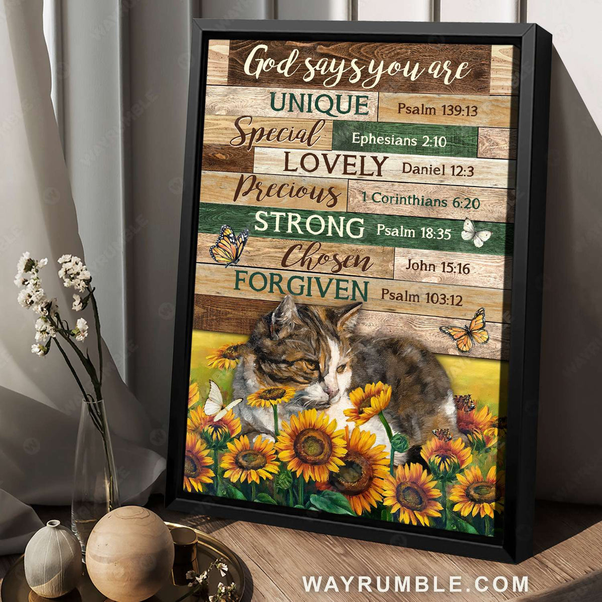 Sunflower field, Calico cat, Monarch butterfly, God says you are - Jesus Portrait Canvas Prints, Christian Wall Art