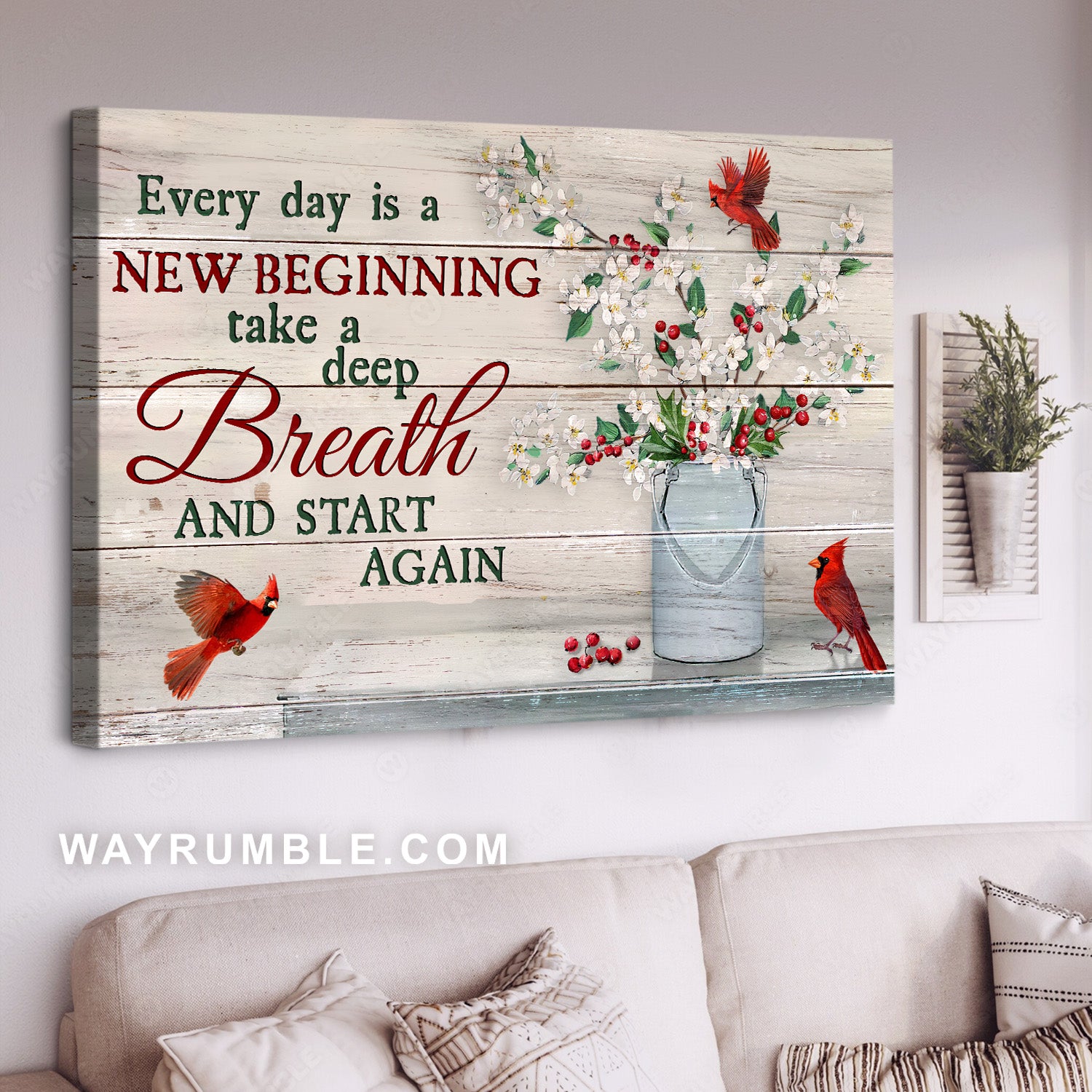 Simple painting, Pretty flower, Red cardinal, Every day is a new beginning - Jesus Landscape Canvas Prints, Home Decor Wall Art