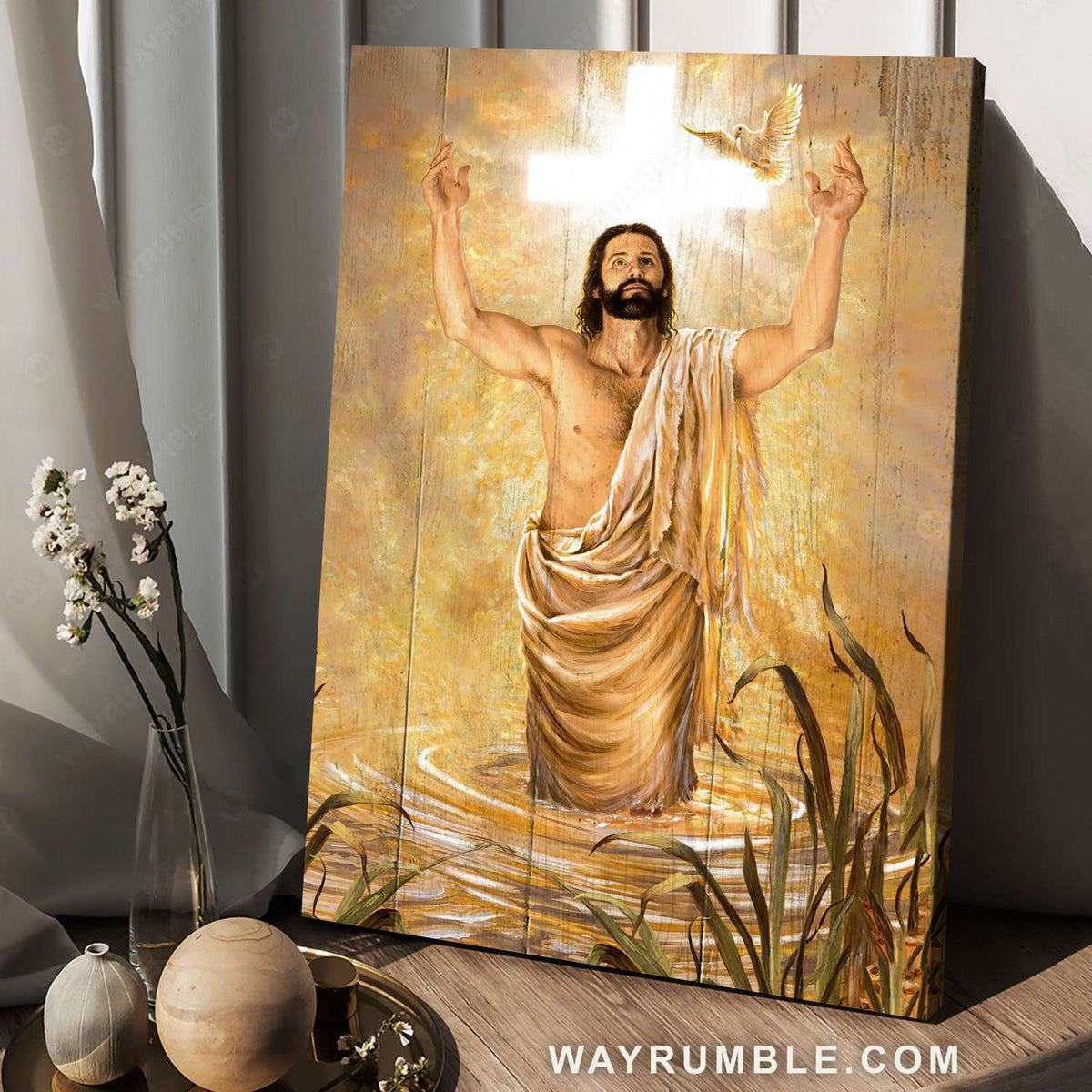 Light cross, Jesus painting, Water surface, Flying dove - Jesus Portrait Canvas Prints, Christian Wall Art