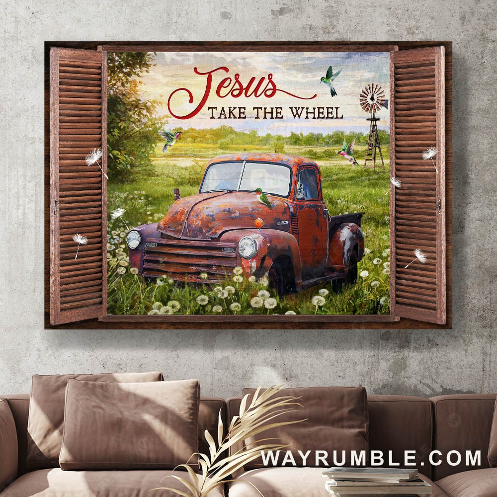 Old ladybug car, Colorful hummingbird, Green meadow, Jesus take the wheel - Jesus Landscape Canvas Prints, Wall Art