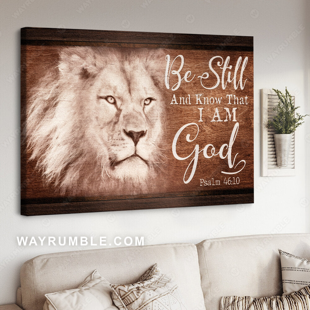 White lion, Wooden background, In your eyes, Be still and know that I am God - Jesus Landscape Canvas Prints, Wall Art
