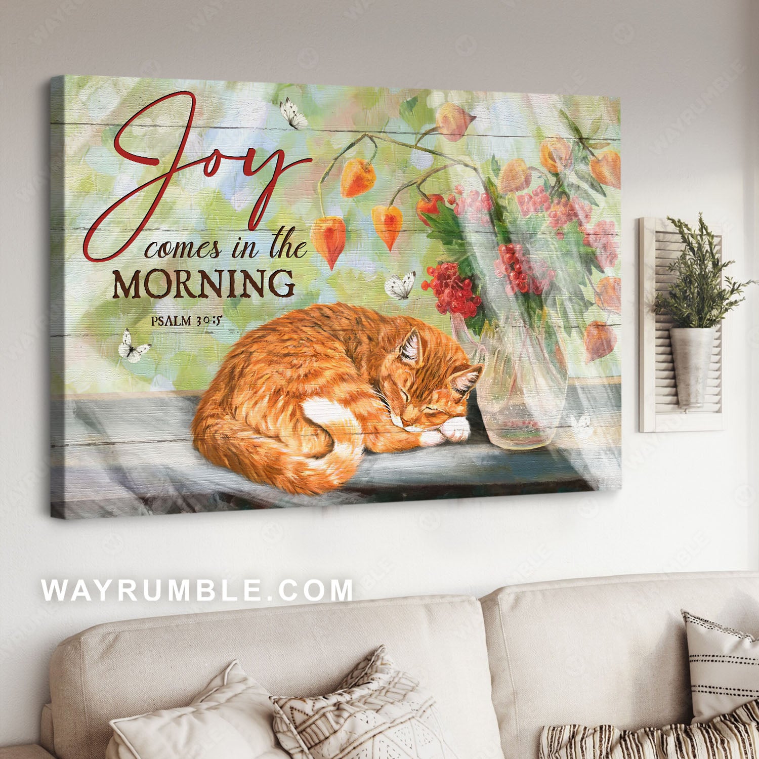 Orange tabby cat, Sleeping cat, Cranberry, Joy comes in the morning - Jesus Landscape Canvas Prints, Christian Wall Art