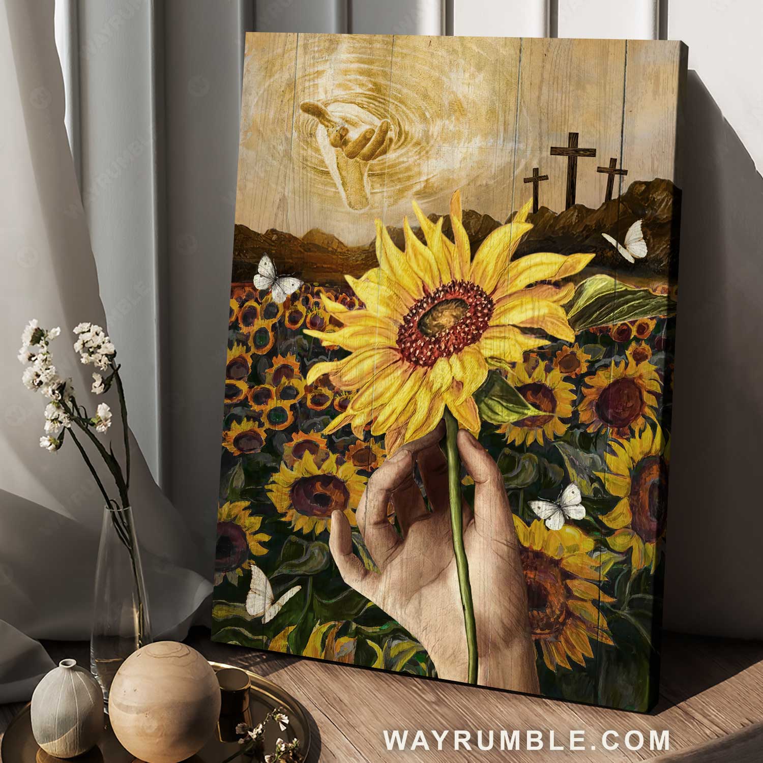 Watercolor sunflower, Sunflower field, White butterfly, Walking with Jesus - Jesus Portrait Canvas Prints, Christian Wall Art