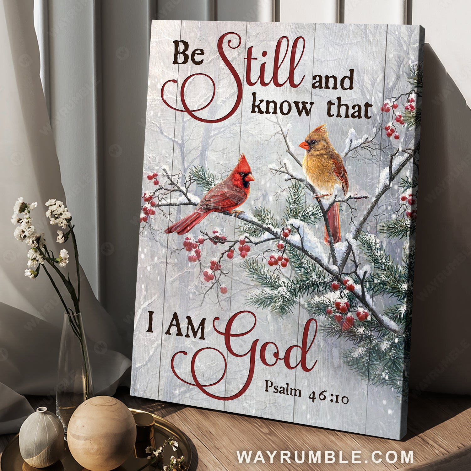 Winter forest, Beautiful cardinal, Cranberry, Be still and know that I am God - Jesus Portrait Canvas Prints, Home Decor Wall Art