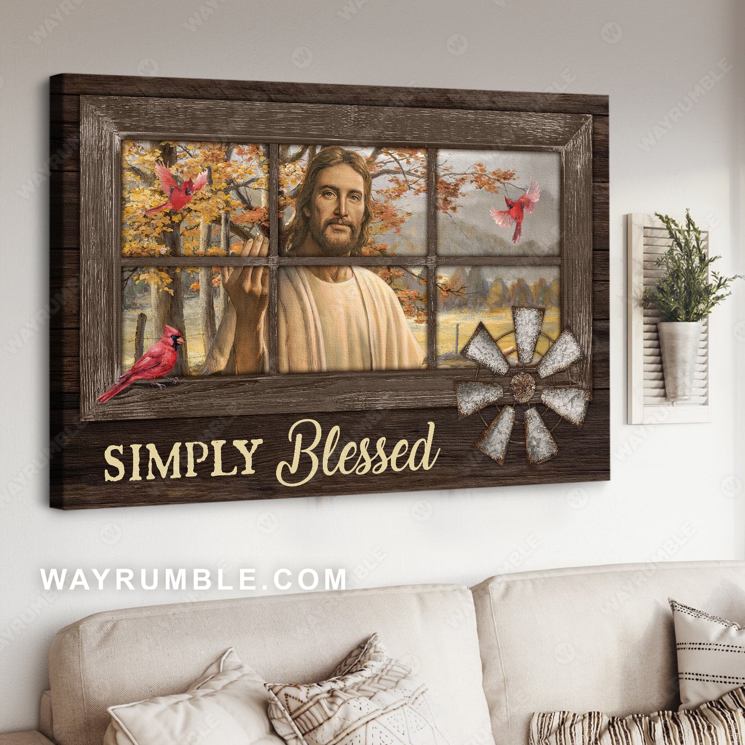 Beautiful Jesus face, Red cardinal, Autumn forest, Simply blessed - Jesus Landscape Canvas Prints, Home Decor Wall Art
